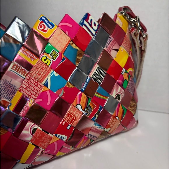 Nahui Ollin Bag Wristlet Recycled Candy Gum Wrapper Woven Multicolored Purse 7” - Picture 3 of 12